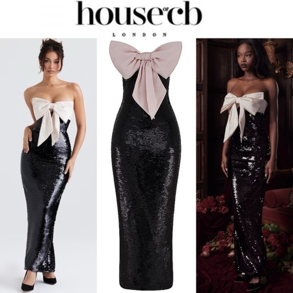 HOUSE OF CB HOLLY BLACK SEQUIN STRAPLESS BOW DRESS MAXI GOWN XS NWT 269$